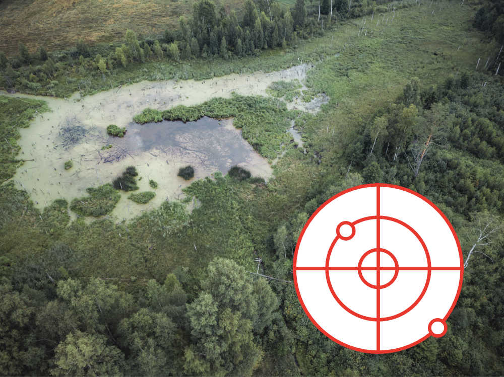 Top down shot of countryside and a target showing a Drone Congregation Area