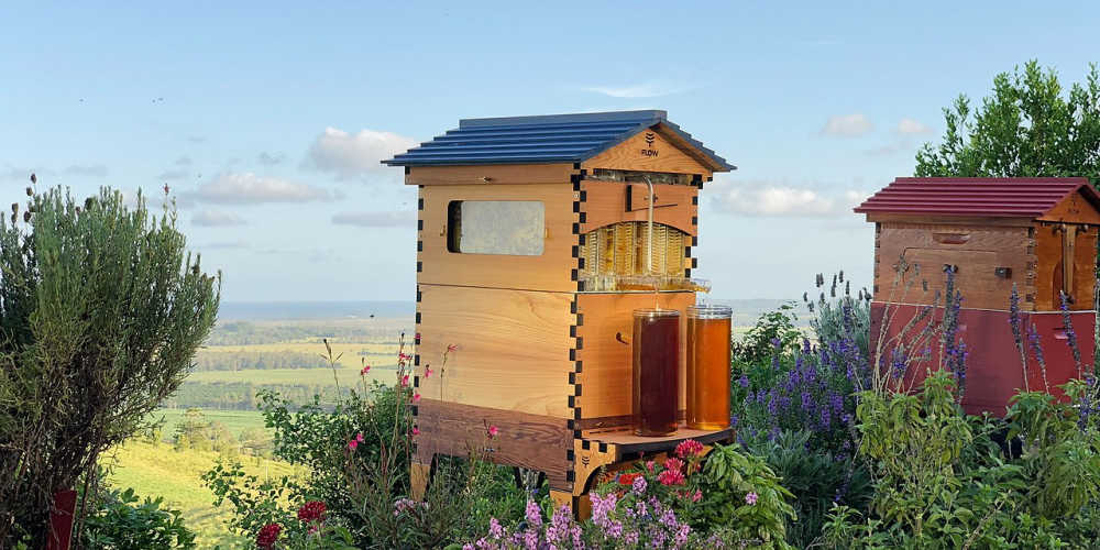 A flow hive with countryside in the background