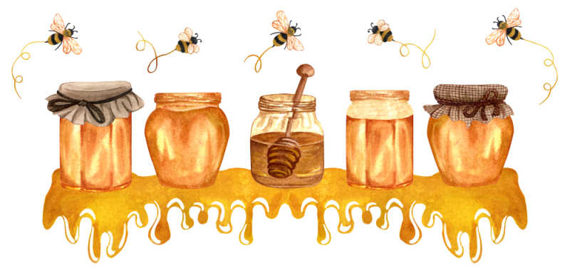 An illustration of a row of honey jars and honey bees flying over the top