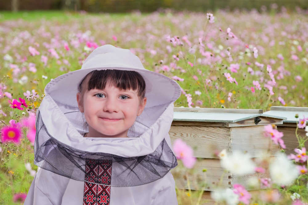 A child wearing a bee suit with hives and a flowery meadow in the background