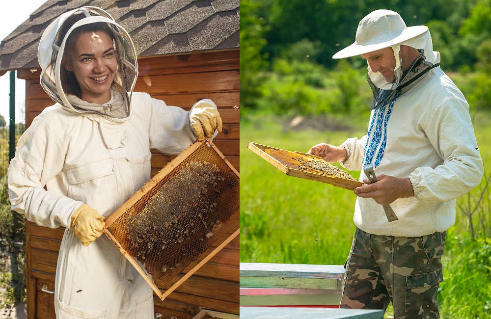 A beekeeping suit and beekeeping jacket side by side