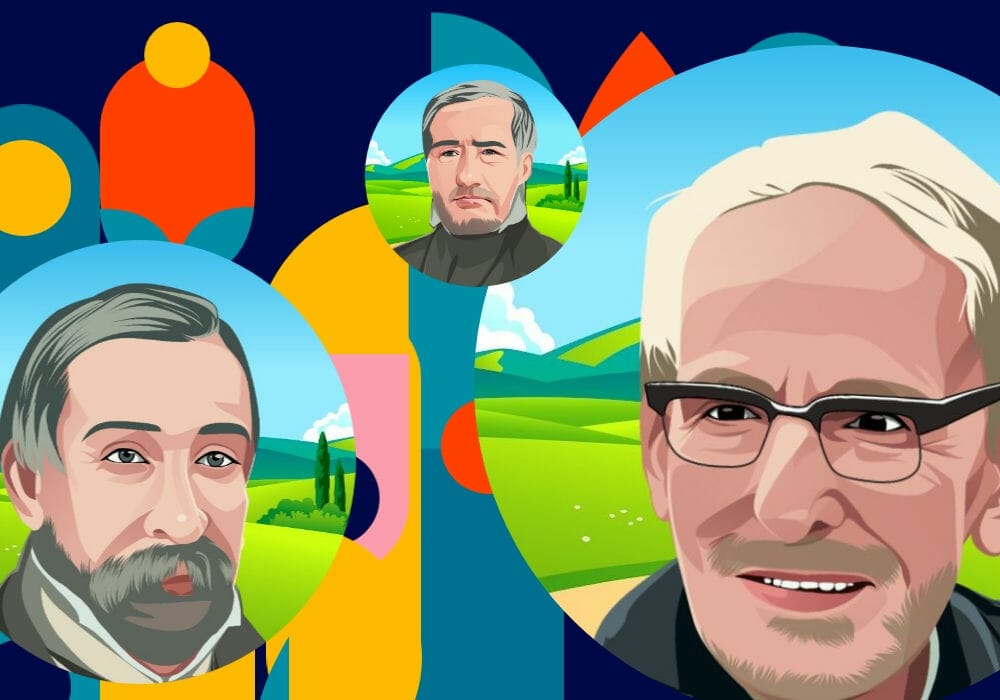 An colorful illustration showing profile pictures of important beekeepers from history