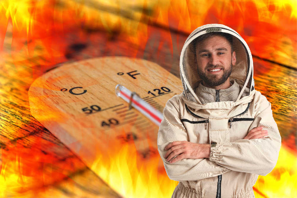 A beekeeper in a protective suit with hot weather and a thermometer in the background