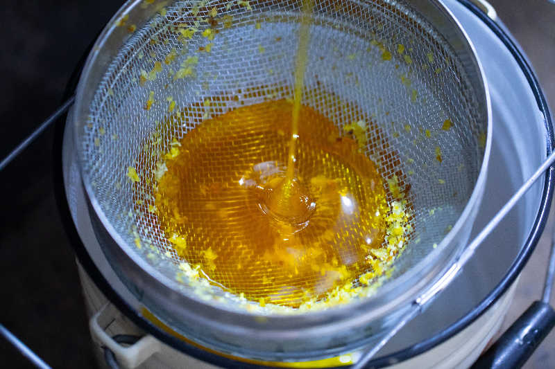 A top down photograph of honey pouring into a sieve with a honey bucket underneath